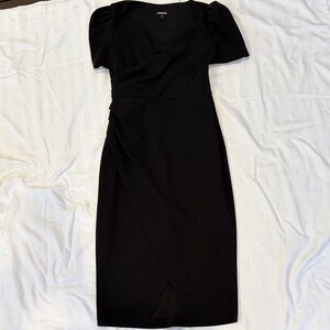 Express Black Puff Sleeve Wrap-Front Midi Dress